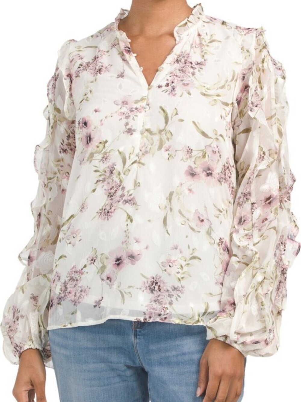 Autres Filles Jacquard Floral Ruffle Sleeve Blouse NWT